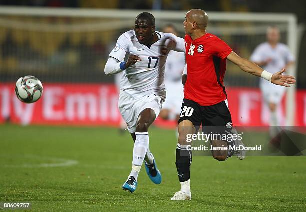 Jozy Altidore of USA battles with Mohamed Aboutrika of Egypt during the FIFA Confederations Cup match between Egypt and USA at Royal Bafokeng Stadium...