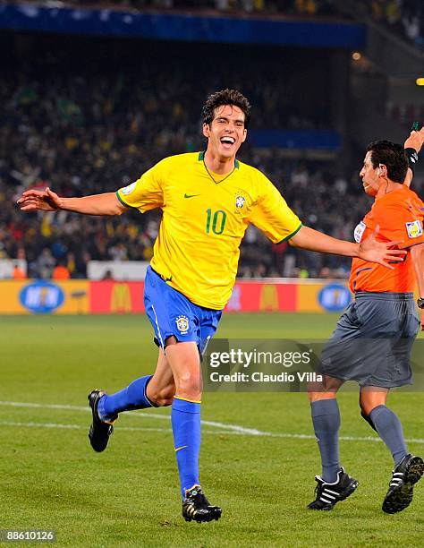 Kaka celebrates a goal during the FIFA Confederations Cup match between Italy and Brazil at Loftus Versfeld on June 21, 2009 in Pretoria, South...