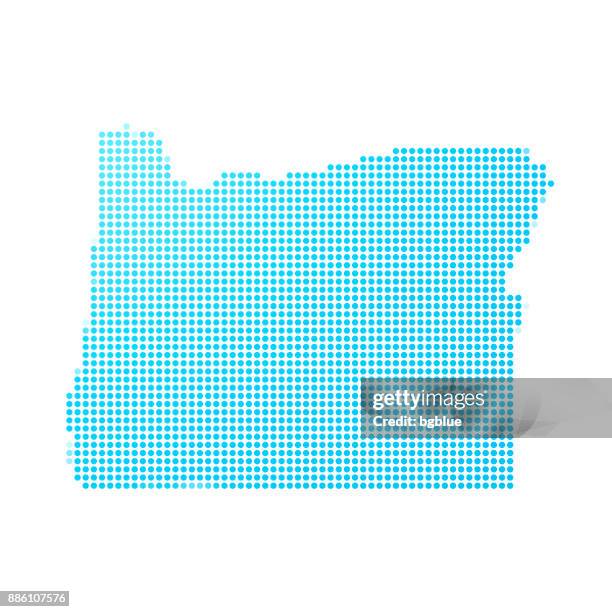 oregon map of blue dots on white background - oregon us state stock illustrations