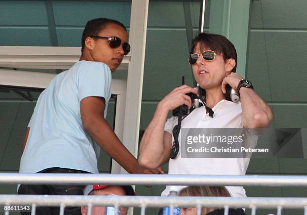 Actor Tom Cruise and son Connor Cruise watch the NASCAR Sprint Cup Series Toyota/Save Mart 350 at the Infineon Raceway on June 21, 2009 in Sonoma,...