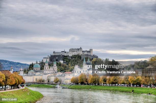 view of the old town of salzburg - austria - fortress festival 2017 stockfoto's en -beelden