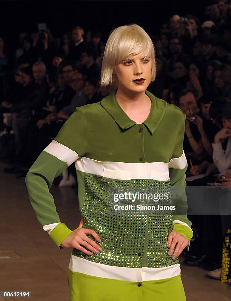 Agyness Deyn walks the runway in the House of Holland show during London Fashion Week Autumn/Winter 2009 at Quaglino's on February 24, 2009 in...