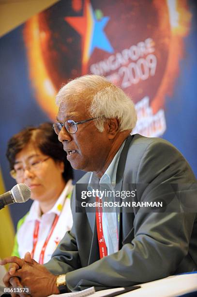 Mani Jegathesan, chairman of the OCA medical committee speaks to reporters during a press conference at the Asian Youth Games in Singapore on June...