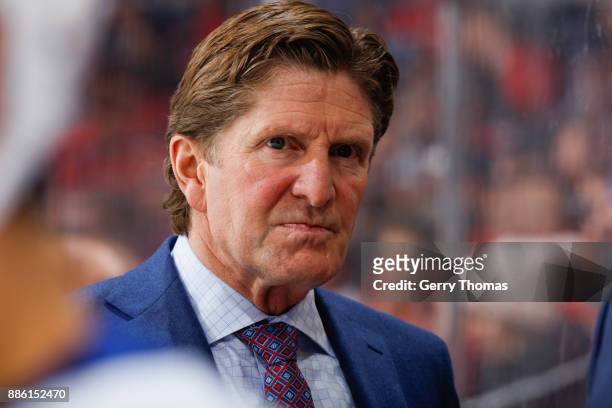 Head Coach Mike Babcock of the Toronto Maple Leafs in an NHL game against the Calgary Flames at the Scotiabank Saddledome on November 28, 2017 in...