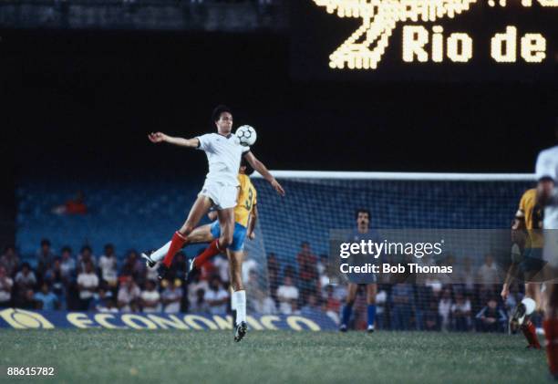 England striker Mark Hateley jumps higher than Brazilian defender Ricardo during the International friendly between Brazil and England at the...