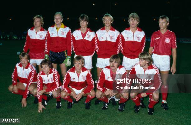 The Danish team prior to the European Championship Qualifying match against England at Wembley Stadium, 21st September 1983. Denmark won 1-0. Back...