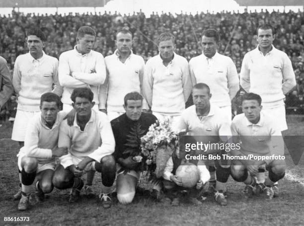 The Yugoslavian team prior to their FIFA World Cup match against Brazil at the Parque Central in Montevideo, 14th July 1930. Yugoslavia won 2-1. Back...