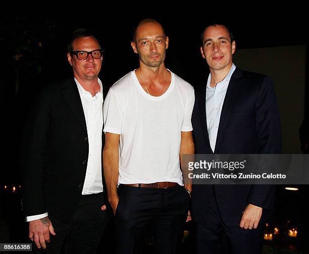 Rockwell Harwood, Designer Milan Vukmirovic and Dan Peres attend the Benvenuto A Milano Men's Fashion Week hosted by Details at The Bulgari Hotel...