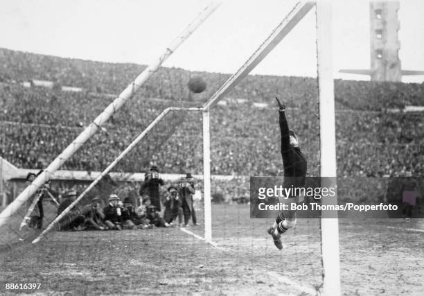 Yugoslavian goalkeeper Milovan Jaksic can't prevent Uruguay scoring one of the six goals in their emphatic 6-1 victory in the FIFA World Cup...