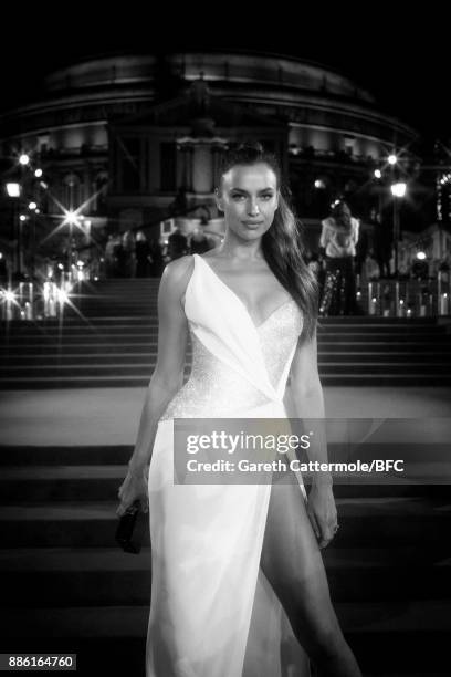 Model Irina Shayk walks the red carpet during The Fashion Awards 2017 in partnership with Swarovski at Royal Albert Hall on December 4, 2017 in...