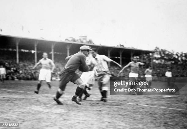 French goalkeeper Alexis Thepot comes off his line quickly to thwart an Argentinian attack during the FIFA World Cup match between France and...