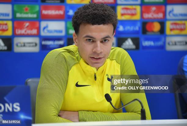 Tottenham Hotspur's English midfielder Dele Alli attends a press conference at Tottenham Hotspur's Enfield Training Centre, north-east of London, on...