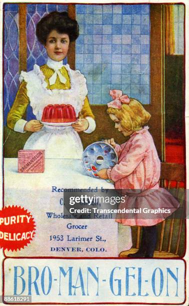 Lithographed trade card for Broman Gelon, a brand of packaged gelatin desert mix depicts a woman holding a plate of molded gelatin as a child uses a...