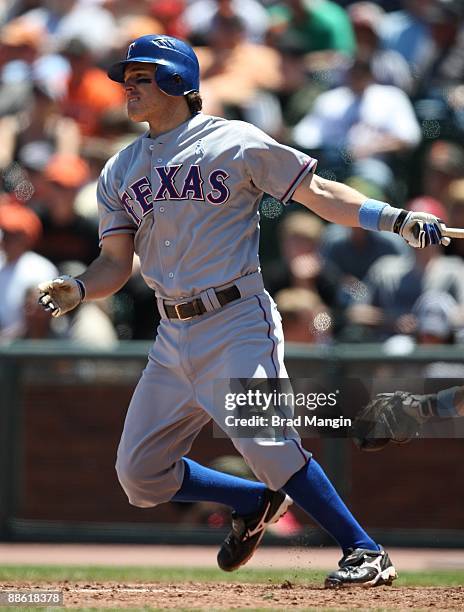 Ian Kinsler of the Texas Rangers bats against the San Francisco Giants during the game at AT&T Park on June 21, 2009 in San Francisco, California.