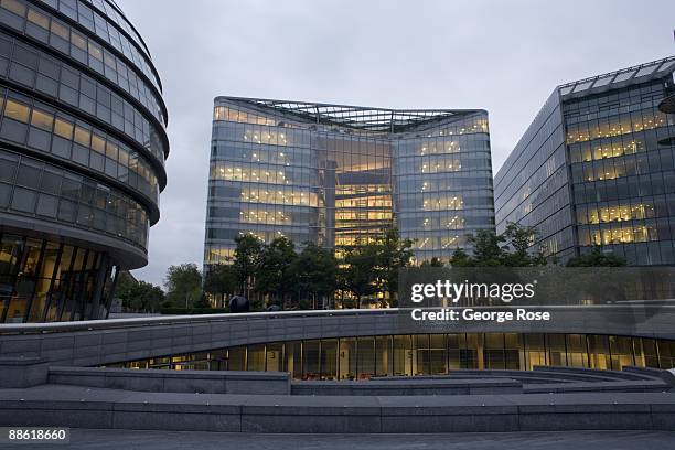 The office buildings around London City Hall are seen in this 2009 London, United Kingdom, cityscape twilight photo.