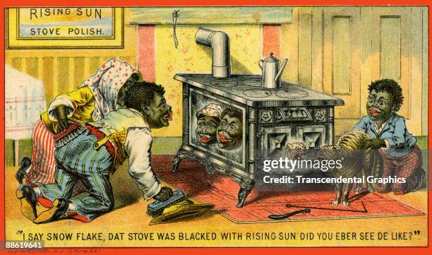 Trade card for 'Rising Sun' brand stove polish uses racist stereotypes to depicts a man, woman, and child, along with a cat, in the kitchen as they...