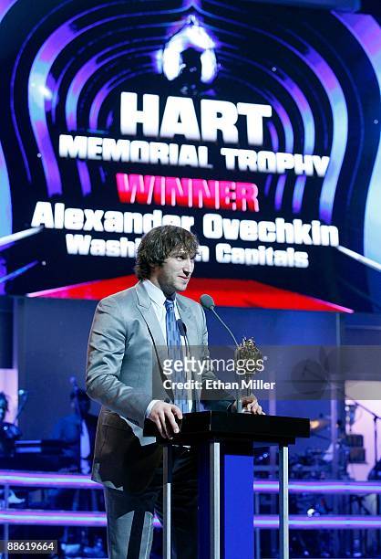 Alexander Ovechkin of the Washington Capitals accepts the Hart Memorial Trophy during the 2009 NHL Awards at The Pearl concert theater at the Palms...