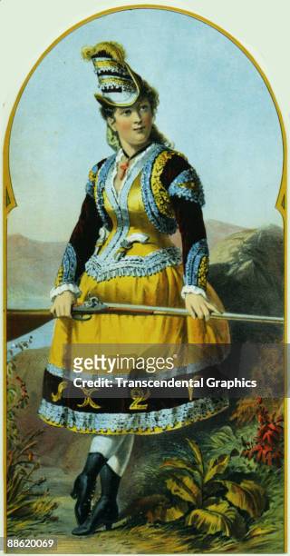 Lithographed illustration depicts an unidentified woman in a spangled yellow and black dress and matching hat as she poses, ankles crossed, with a...