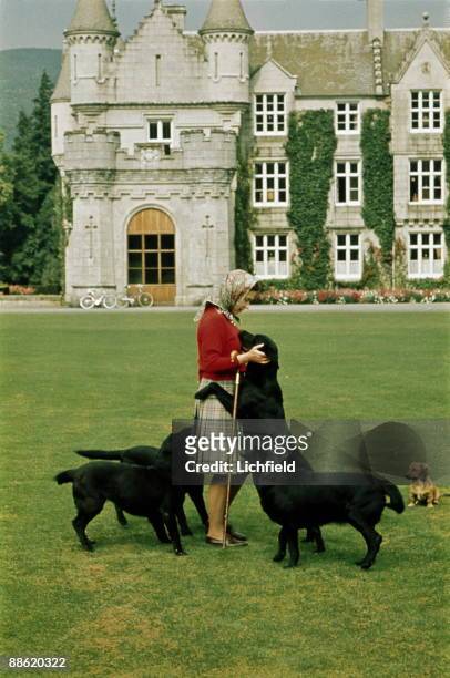 The Queen with her dogs on the lawn in front of Balmoral Castle, Scotland during the Royal Family's annual summer holiday in September 1971. Part of...
