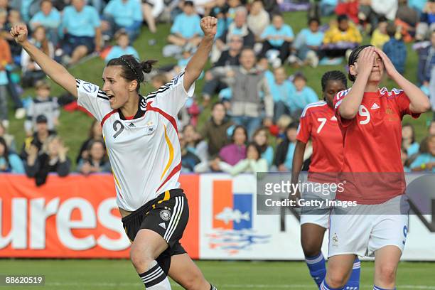Kyra Malinowski of Germany celebrates scoring the first goal during the UEFA Women's U17 Championship semifinal match between Germany and France at...