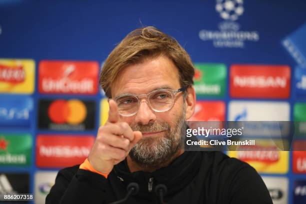 Jurgen Klopp, Manager of Liverpool reacts during a Liverpool FC press conference at Melwood Training Ground on December 5, 2017 in Liverpool, England.