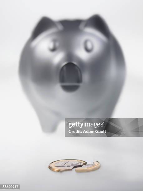 piggy bank and broken euro coin - nest egg expressão inglesa imagens e fotografias de stock