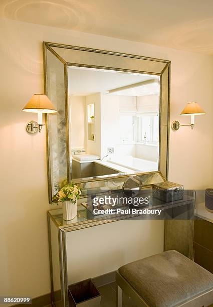 mirror, vanity table and stool - vanity table stock pictures, royalty-free photos & images