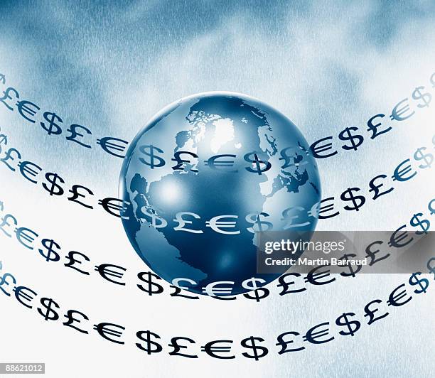 montage of globe and euro, pound and dollar symbols - travel montage stock pictures, royalty-free photos & images