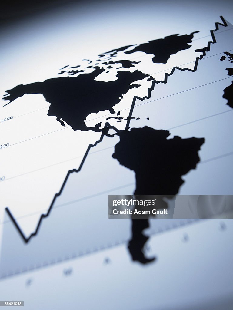 World map on ascending line graph