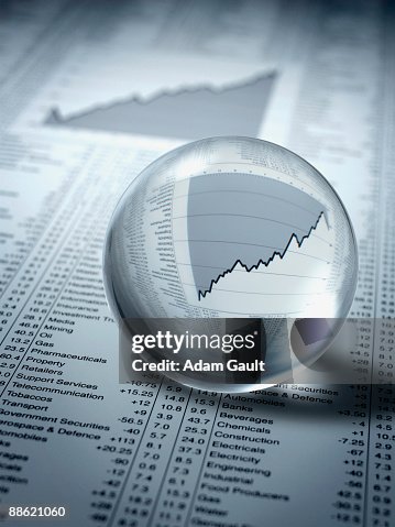 Crystal ball, ascending line graph and share prices Crystal ball, ascending line graph and share prices