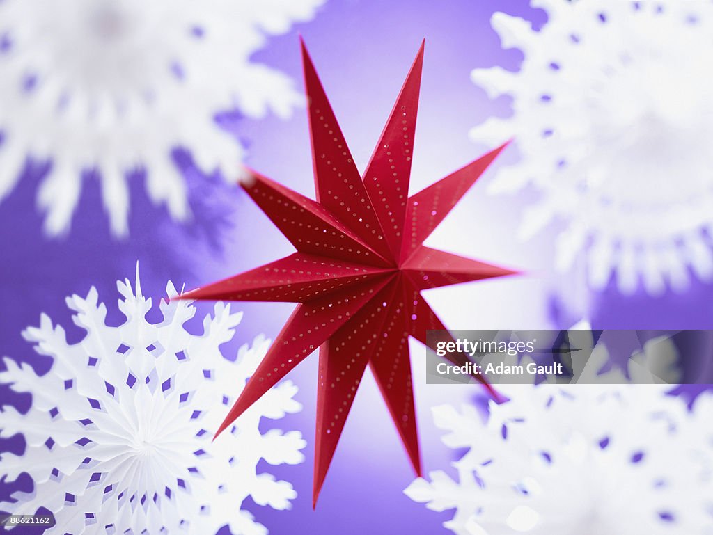 Red paper star and snowflakes