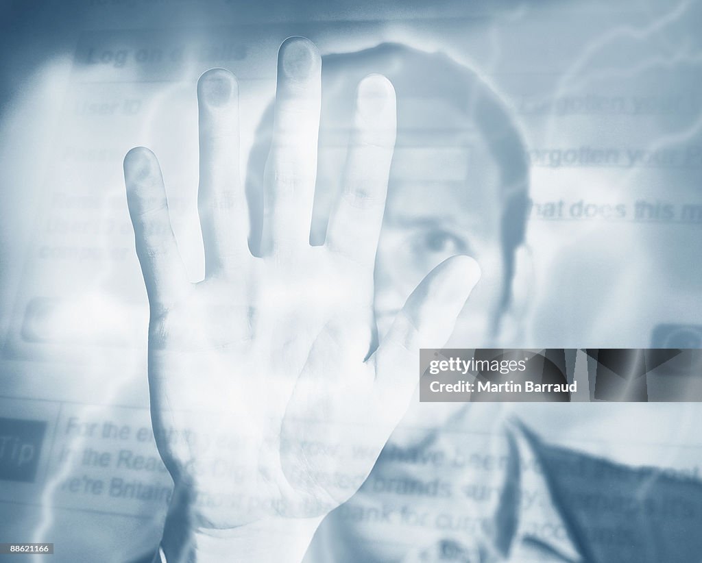 Montage of man, palm, electricity and computer screen