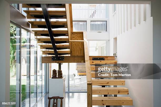 interior of modern house, wooden stairway - staircase stock pictures, royalty-free photos & images
