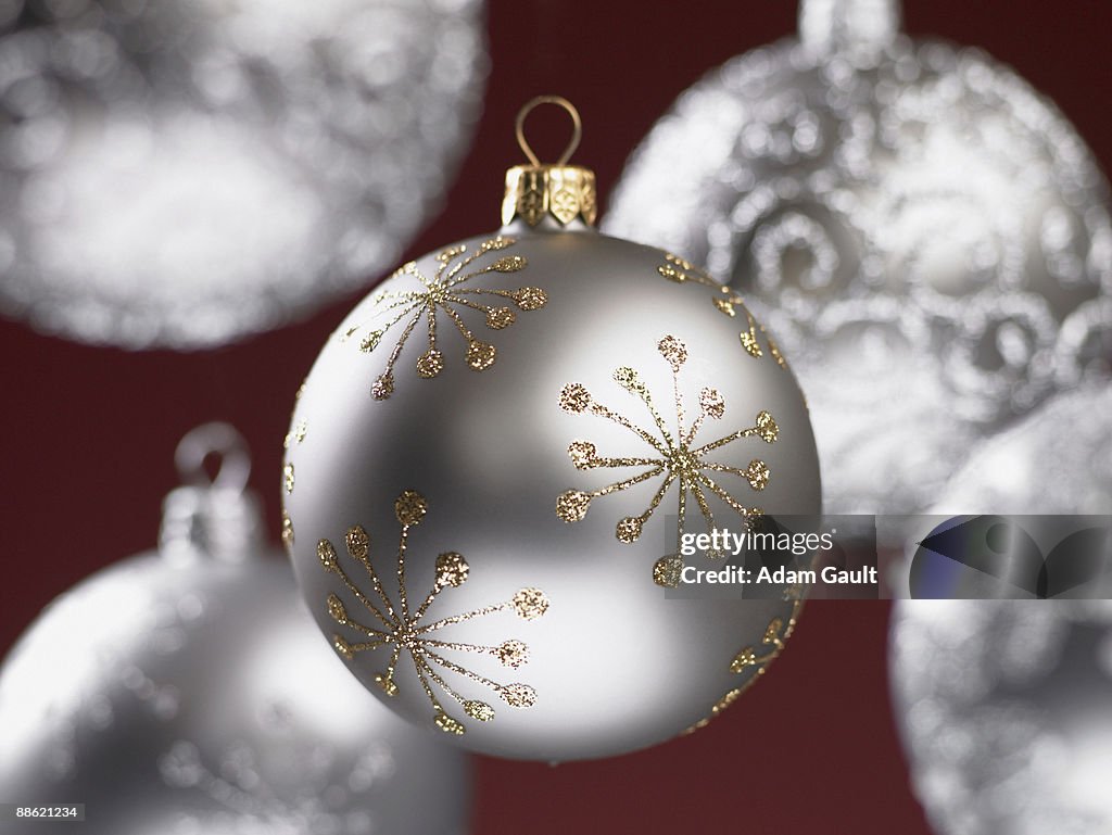 Close up of silver Christmas ornaments