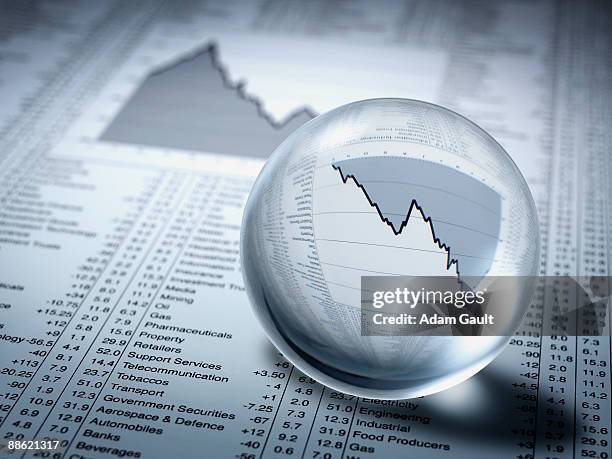 crystal ball, descending line graph and share prices - boule de cristal photos et images de collection