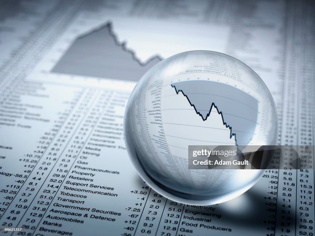 Crystal ball, descending line graph and share prices