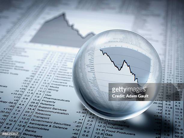 crystal ball, descending line graph and share prices - forecast stock pictures, royalty-free photos & images