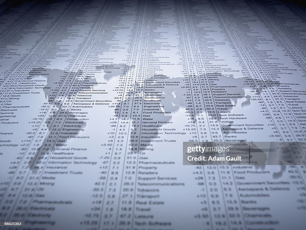 World map outline on list of share prices