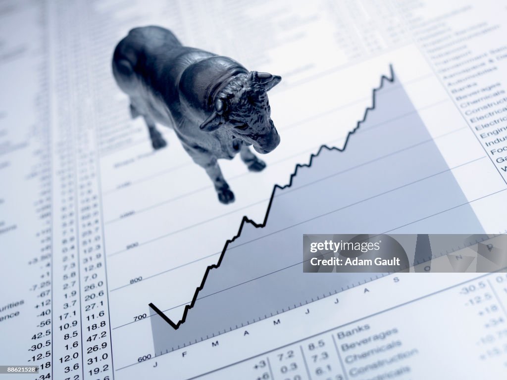 Bull figurine on ascending line graph and list of share prices