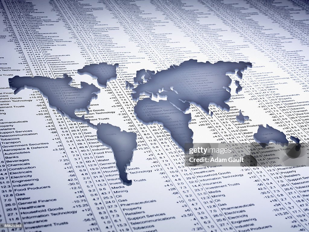 World map on list of share prices