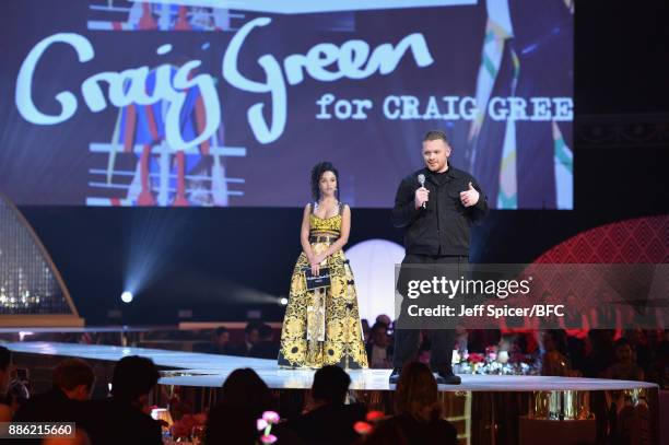Craig Green winner of the British Designer of the Year Menswear award and FKA Twigs on stage during The Fashion Awards 2017 in partnership with...