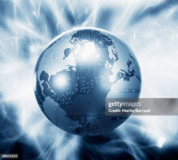 glowing globe with microchip overlay - futuristic circuit stockfoto's en -beelden