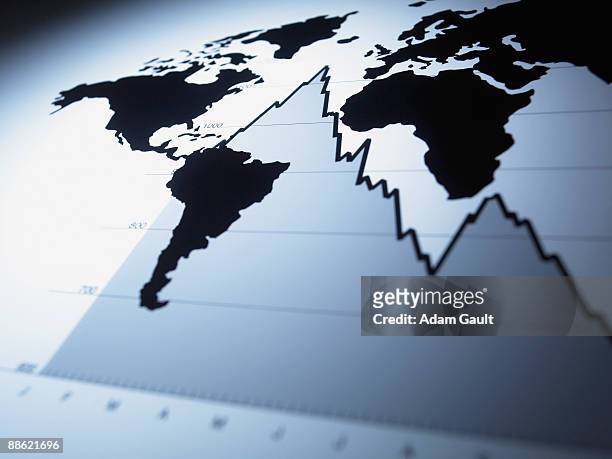 world map on descending line graph - global crisis stock pictures, royalty-free photos & images