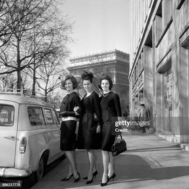 The three ambassadors of the French Elegance, Miss Sweden Monica Ragby , Dutch model and 1962 Miss World Catharina Lodders and Miss France 1962...