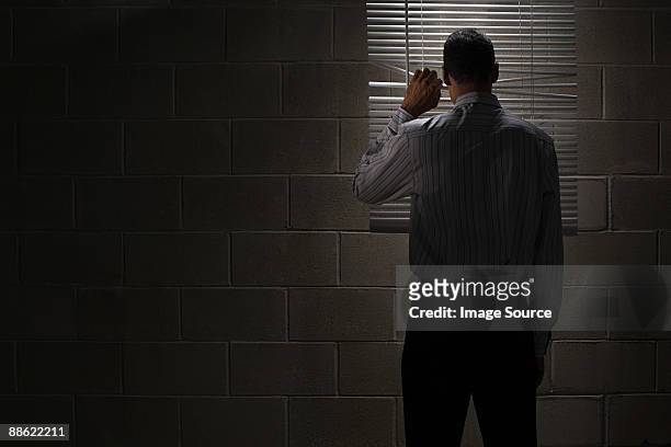 man looking through blinds - 50 sombras fotografías e imágenes de stock