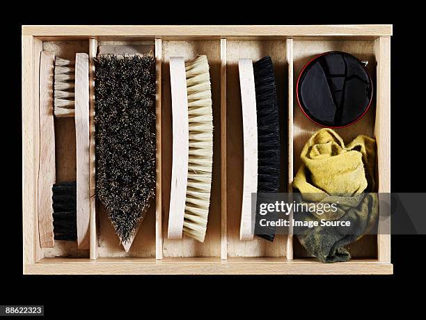 shoe polish and brushes in a box - shoe polish stock pictures, royalty-free photos & images