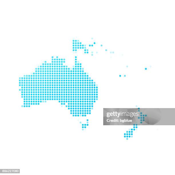 oceania map of blue dots on white background - australia new zealand stock illustrations