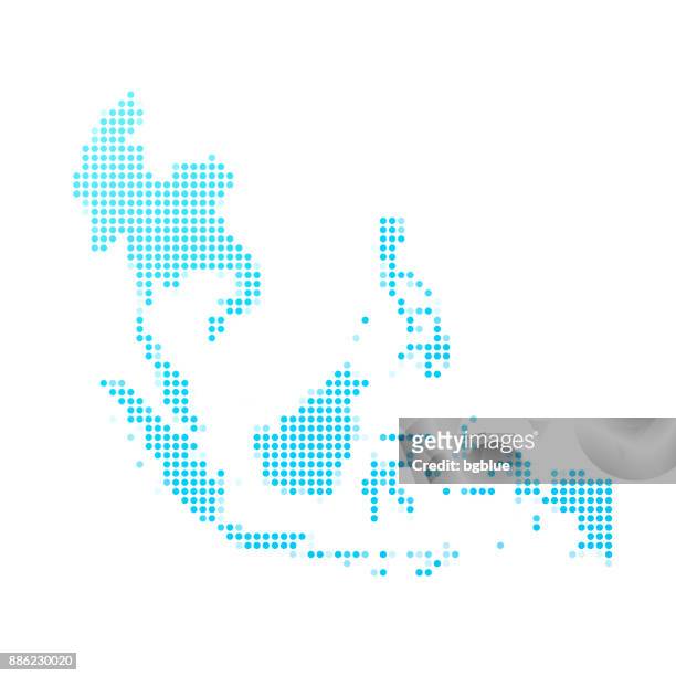 southeast asia map of blue dots on white background - southeast asia stock illustrations