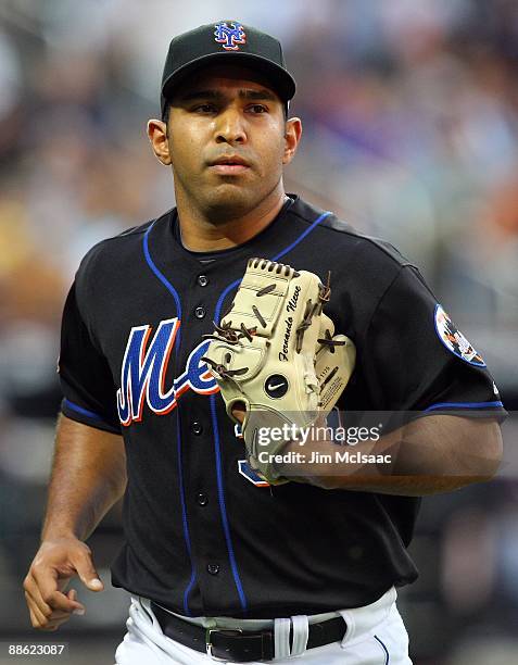 Fernando Nieve of the New York Mets looks on against the Tampa Bay Rays on June 19, 2009 at Citi Field in the Flushing neighborhood of the Queens...