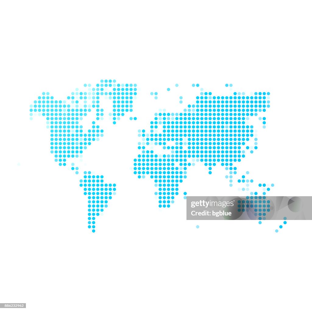 Mapa mundial de puntos azules sobre fondo blanco
